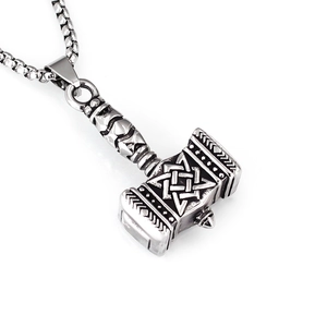 Vintage stainless steel Mjolnir pendant necklace with Valknut engravings and chain