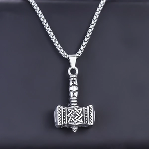 Vintage Mjolnir pendant necklace in stainless steel with Nordic runes on a square box chain