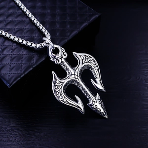 Vintage stainless steel trident pendant necklace for men with retro engraved pattern
