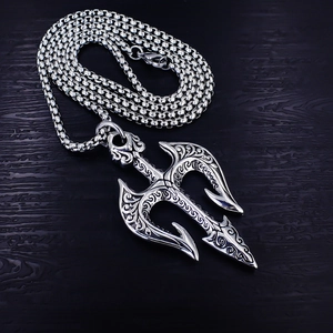 Retro stainless steel trident pendant necklace with ornate carvings on a box chain