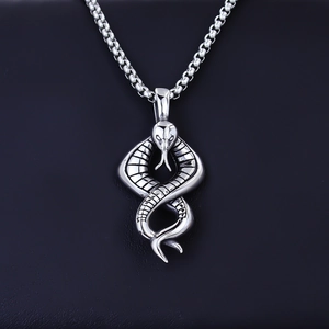 Vintage stainless steel cobra snake pendant necklace with detailed scales on black leather
