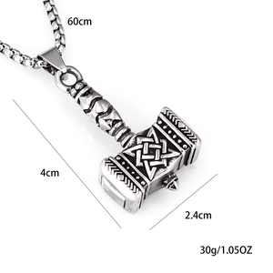 Vintage stainless steel Mjölnir pendant necklace with Celtic knot patterns and 60cm chain