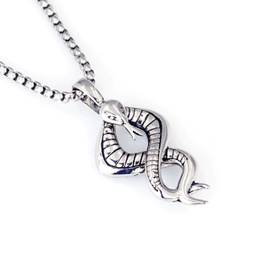 Macro shot of silver snake pendant with detailed scales on stainless steel chain