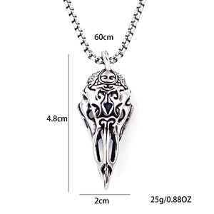Nordic Viking raven skull pendant in stainless steel with detailed carvings and box chain