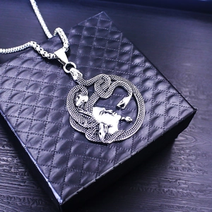 Silver Medusa pendant necklace with detailed carving and elegant jewelry gift box