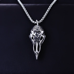 Vintage Nordic Viking raven skull pendant in stainless steel with retro carved textures