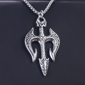 Men's vintage Poseidon trident pendant necklace in silver stainless steel with bead chain