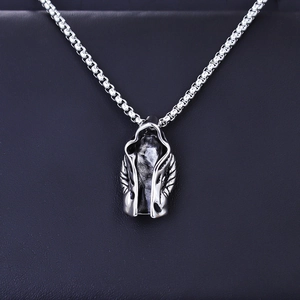 Vintage gothic assassin cloak pendant with box chain in polished stainless steel