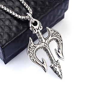 Polished silver trident pendant necklace for men made of durable stainless steel