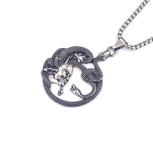 Detail of vintage Medusa snake pendant in stainless steel with a sturdy box chain