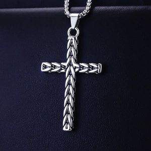 Men's stainless steel cross necklace with wheat texture pendant on a box chain