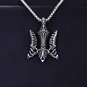 Vintage stainless steel trident pendant necklace with anchor relief on black leather