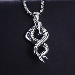 Punk style stainless steel snake pendant necklace with detailed scales and bead chain