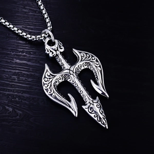 Vintage stainless steel trident pendant necklace for men with engraved punk pattern