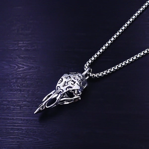Nordic Viking stainless steel bird skull pendant with intricate engravings on box chain