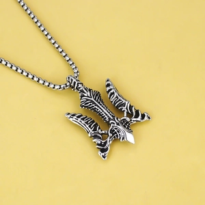 Vintage silver trident anchor pendant necklace for men with nordic viking style design