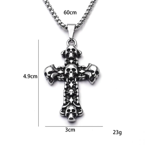 Collana con ciondolo a croce con teschio in acciaio inossidabile stile punk, catena 60cm