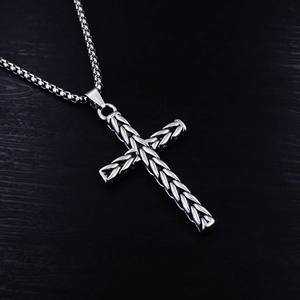 Vintage stainless steel cross necklace with wheat textured pendant and box chain for men