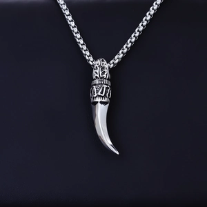 Vintage stainless steel wolf tooth pendant necklace with gothic engravings for men