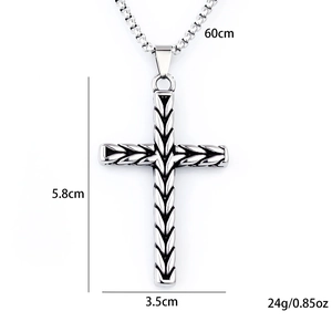 Retro stainless steel cross necklace for men with wheat pattern and box chain