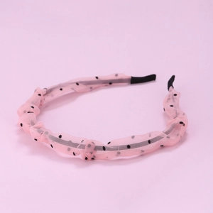 Serre-tête en mousseline rose à pois avec design en mesh froncé et embouts noirs
