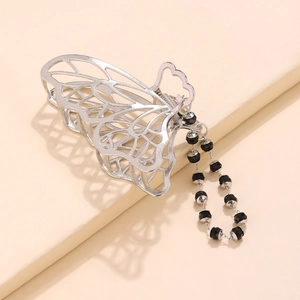 Elegant butterfly metal hair claw with silver hollow wings and black bead tassel chain