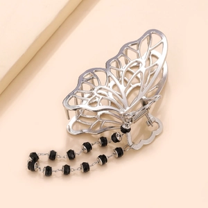 Elegant silver butterfly hair claw clip with black beaded tassel chain for women