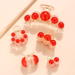 Red Faux Artificial Pearl Hair Claw Clip Acrylic Transparent Cherry Bead Hairgrip For Women Daily Party Korean Hair Accessories