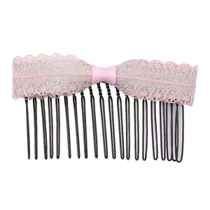 Pettine per capelli con fiocco in pizzo rosa, glitter argento e denti in metallo nero