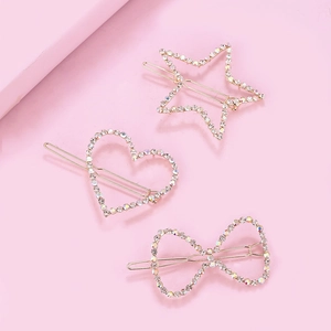 Elegant gold alloy hair clips with heart and star patterns and colorful rhinestones