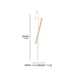 Detail view of gold-tone crossed ear cuff with clear rhinestones, 7cm height, lightweight