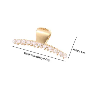 Eleganter goldener Haarklammer mit doppelten Reihen weißer Perlen, 8 cm breit