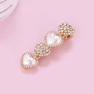 Elegant gold heart hair clip with white pearls and sparkling rhinestones for women