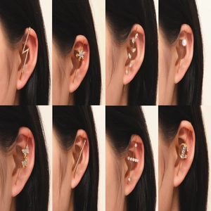 Alloy Rhinestone Butterfly Lightning Leaf Ear Crawler Earrings Elegant Artificial Pearl Snowflake Ear Cuffs Jewelry For Women Party