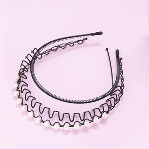 Minimalist Black Wave Metal Hairband Spiral Non-Slip Headhoop Faux Artificial Pearl Decor Headband For Unisex Sports Daily Hair Styling Accessories