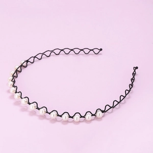 Minimalist black wavy metal headband for women featuring elegant white faux pearls