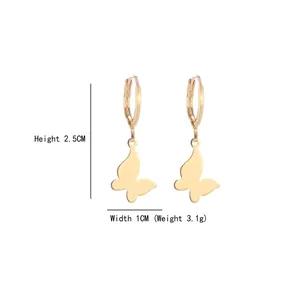 Polished golden butterfly drop earrings for women, 2.5cm height minimalist metal jewelry