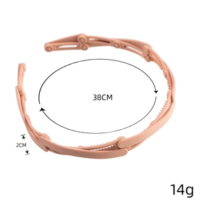 Size chart showing dimensions of foldable matte plastic headband in pink with 38cm perimeter