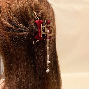 Elegante Pinza per Capelli in Lega Con Fiocco e Nappa di Künstliche Perle Sintetiche Vintage Oro Shark Clip da Donna Gioielli per Capelli