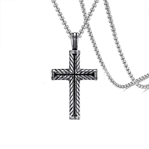Vintage stainless steel cross pendant necklace with wheat texture and box chain