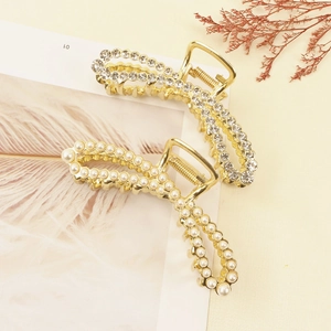 Large Hair Claw Clip Alloy Metal With Rhinestones And Faux Artificial Pearls Elegant Hair Catch Barrette For Women Girls