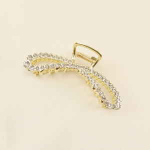 Elegant gold metal hair claw clip with double rows of sparkling rhinestones for women