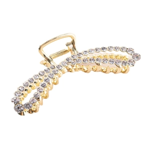 Elegant gold metal hair claw clip with double rows of sparkling rhinestones for women