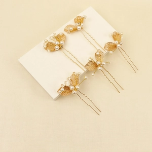 Lot de 5 épingles à cheveux feuilles dorées avec perles et cristaux pour coiffure mariée
