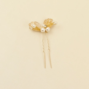 Épingle à cheveux mariée feuilles dorées avec perles blanches et strass étincelants