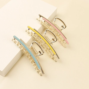 Three-piece set of elegant gold-finished metal hair claws with colorful enamel stripes