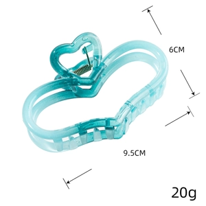 Transparent heart-shaped hollow hair claw clip in cyan blue acrylic, 9.5cm length
