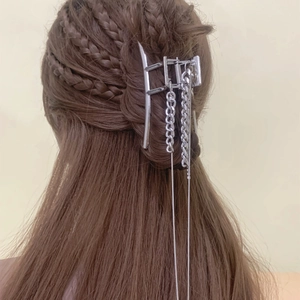 Mode Koreanisch Silber Legierung Große Haarklammer Mit Lange Kette Quaste Strass Dekor Metall Hai Clip Für Damen Haarschmuck