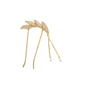 Épingle à cheveux en U élégante avec feuilles en strass, pompons dorés et perles