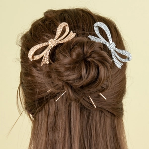 Fourche à Cheveux en U avec Nœud en Strass Alliage Métallique Outil de Coiffure pour Femmes Élégant Mariage Fête Coiffe